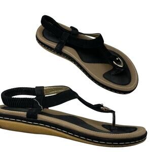 Socofy Black Leather Strappy Mini Wedge Sandals Womens 40 Thong Beach Vacation